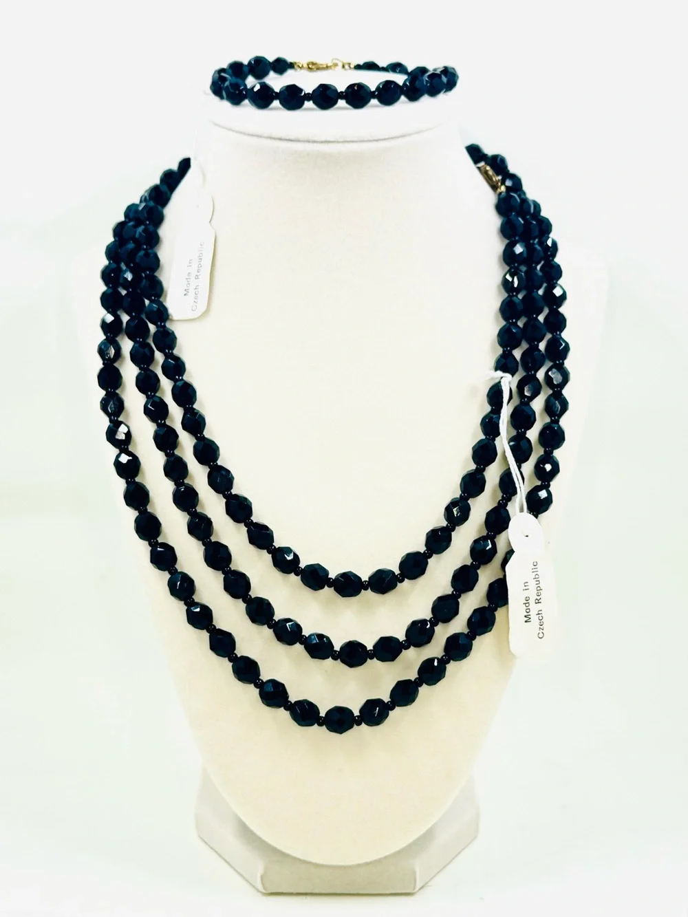 CZECH GLASS 60” Black Faceted Necklace & 7” Bracelet Set NWT
